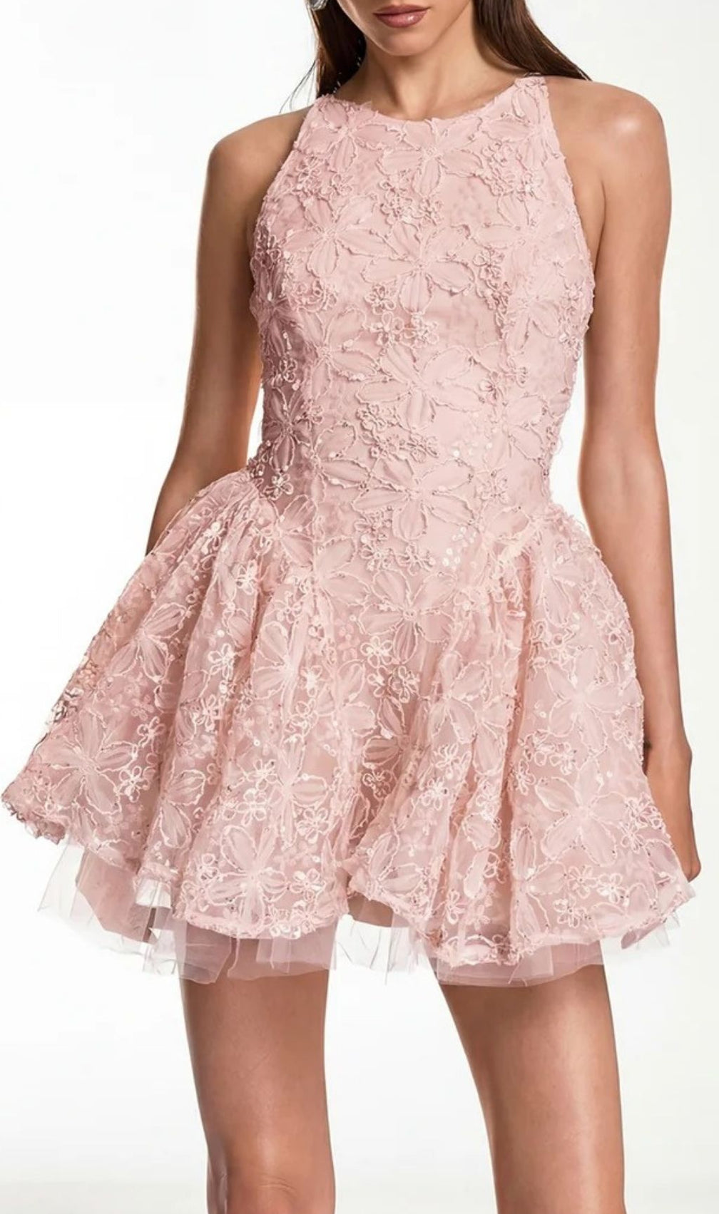 Katsumi Pink Floral Lace Halter Mini Dress | Romantic Party & Cocktail