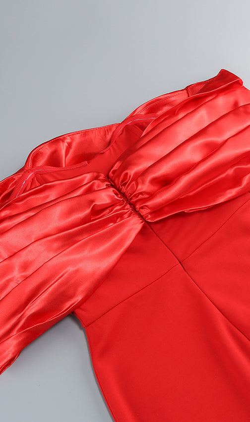 Jonilde Glamorous Red Off-Shoulder Maxi Dress with High Slit