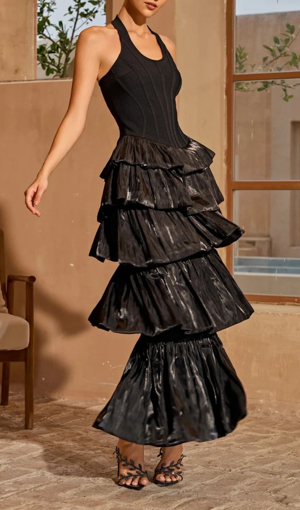 Karev Glamorous Halterneck Metallic Tiered Maxi Dress - Shimmer & Shine