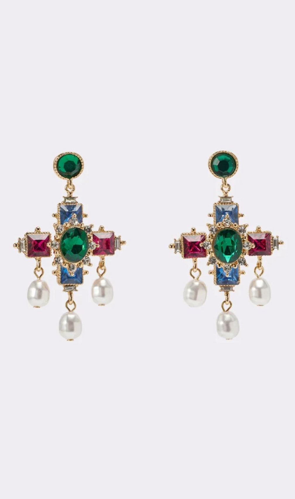 Opulent Kairos Gemstone & Pearl Cross Dangle Earrings | Statement Luxury Fashion