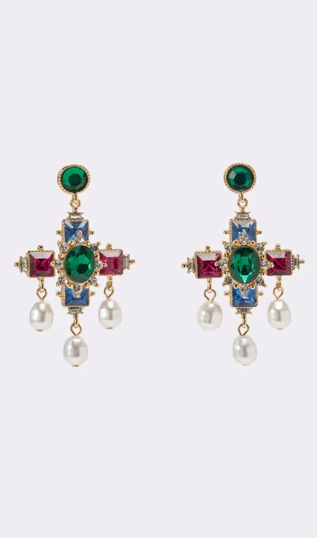 Opulent Kairos Gemstone & Pearl Cross Dangle Earrings | Statement Luxury Fashion