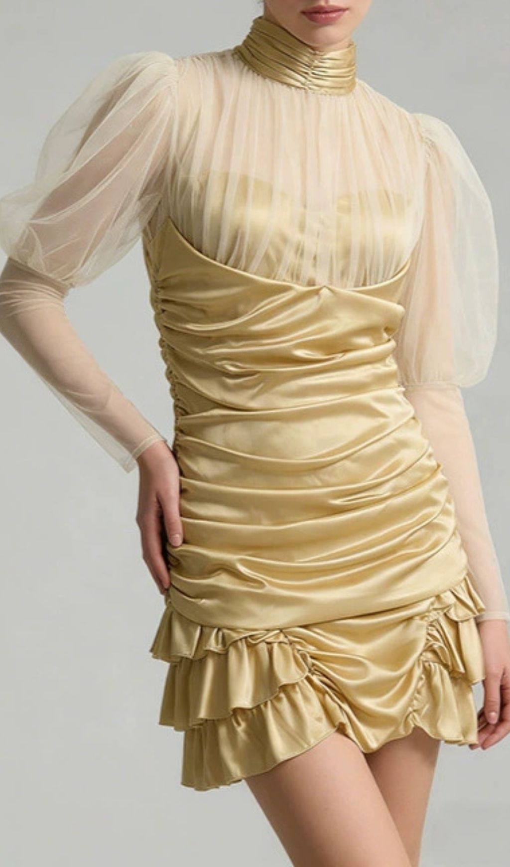 Kerith Glamorous Gold Ruched Mini Dress with Sheer Puff Sleeves