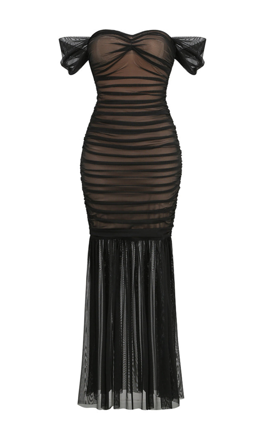 Off Shoulder Mesh Ruched Maxi Dress