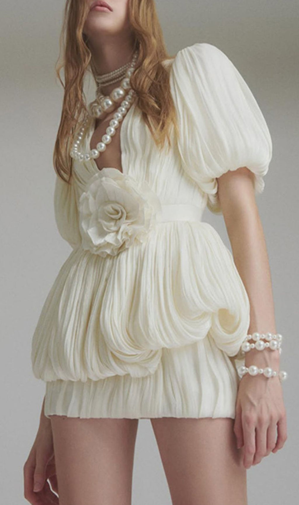 Evia V-Neck Pleated Flower Mini Dress