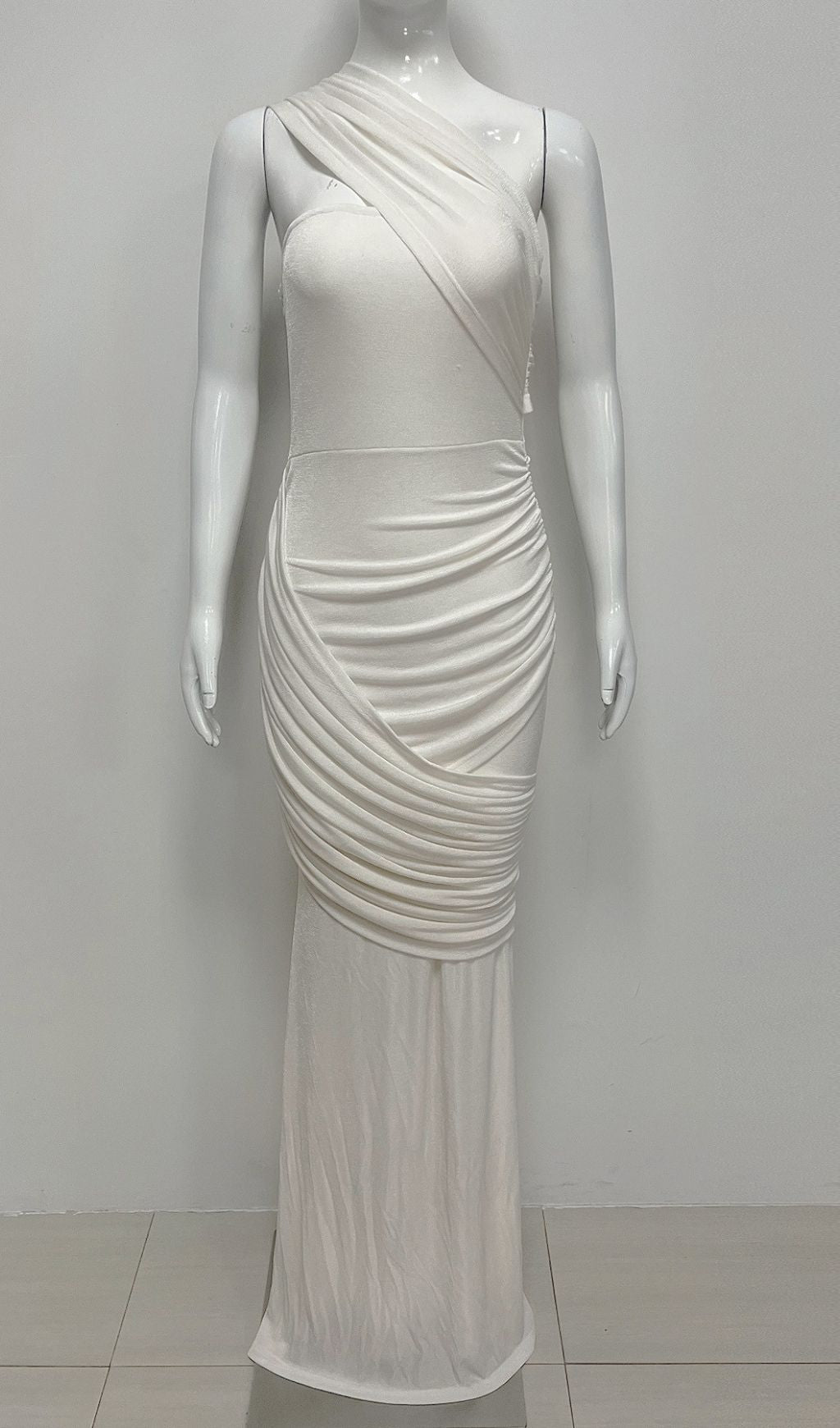 Kesley Elegant White Ruched One-Shoulder Maxi Dress - Flattering Gala Gown