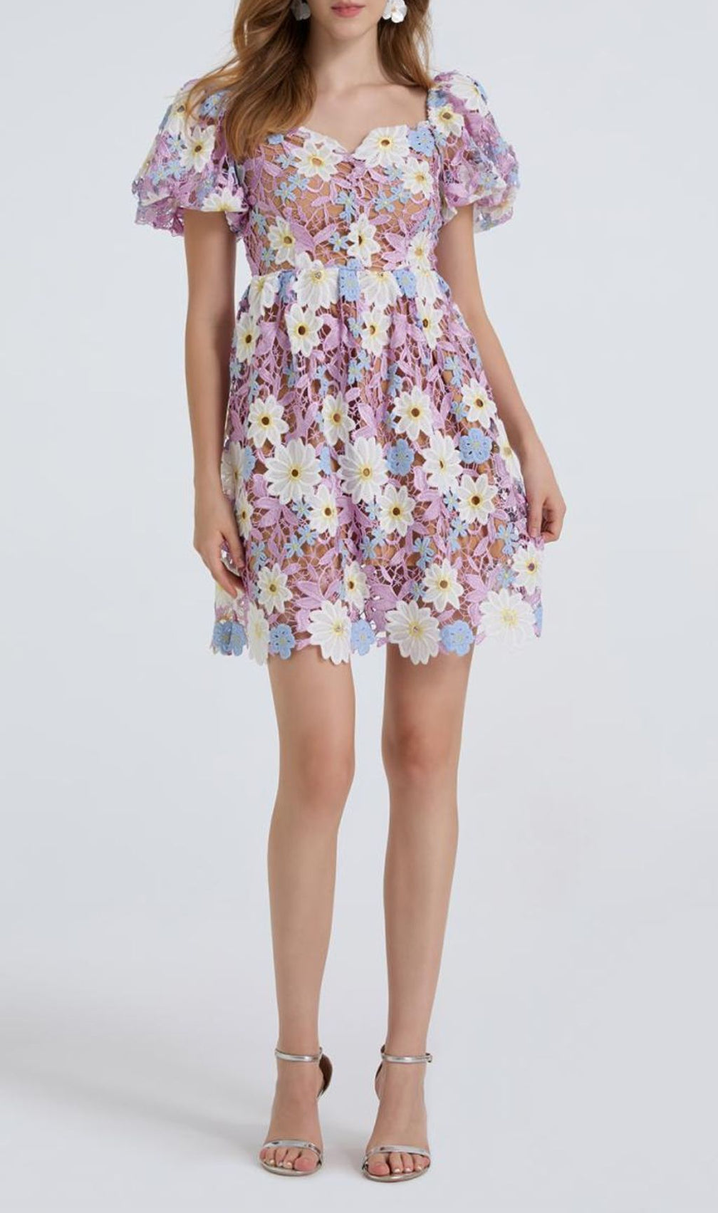 Fiducia Purple Flower Embroidery Puff Sleeve Mini Dress