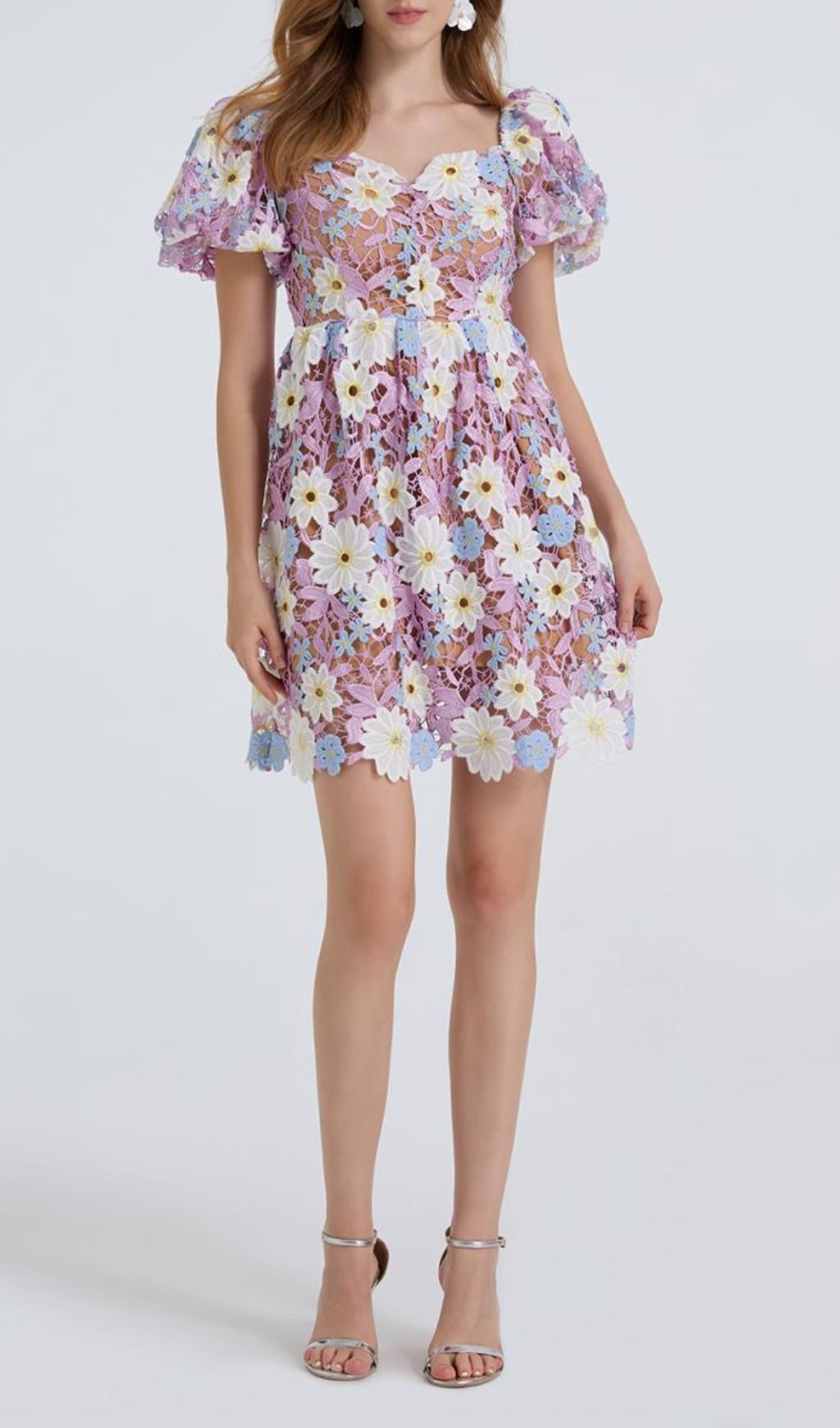 Fiducia Purple Flower Embroidery Puff Sleeve Mini Dress