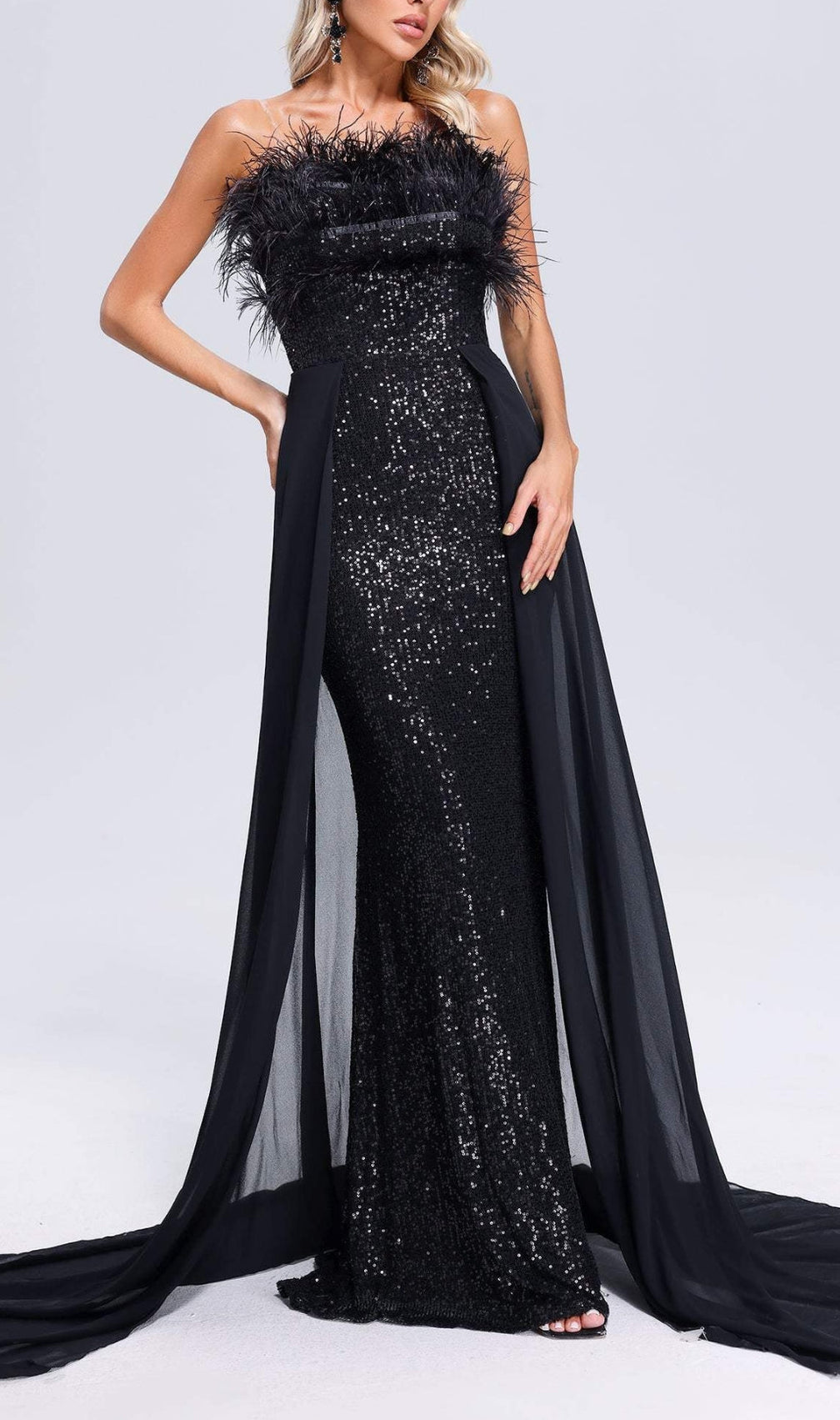 Adams Black Feather Sequin Maxi Dress