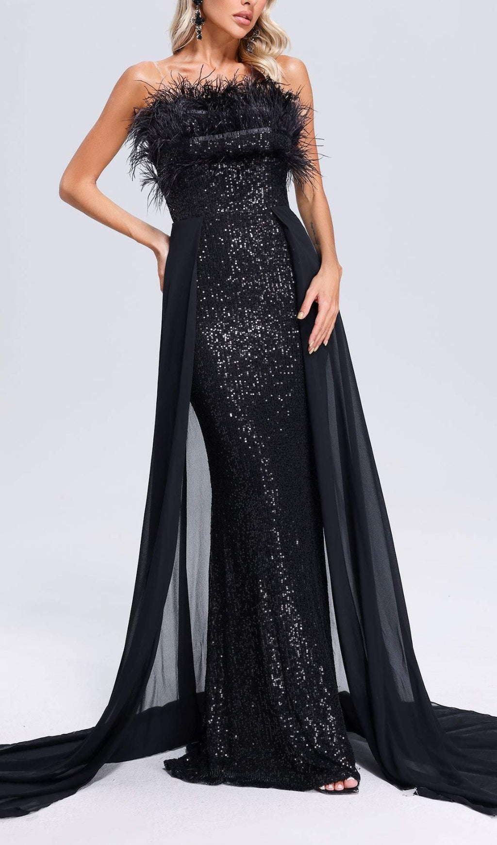 Adams Black Feather Sequin Maxi Dress