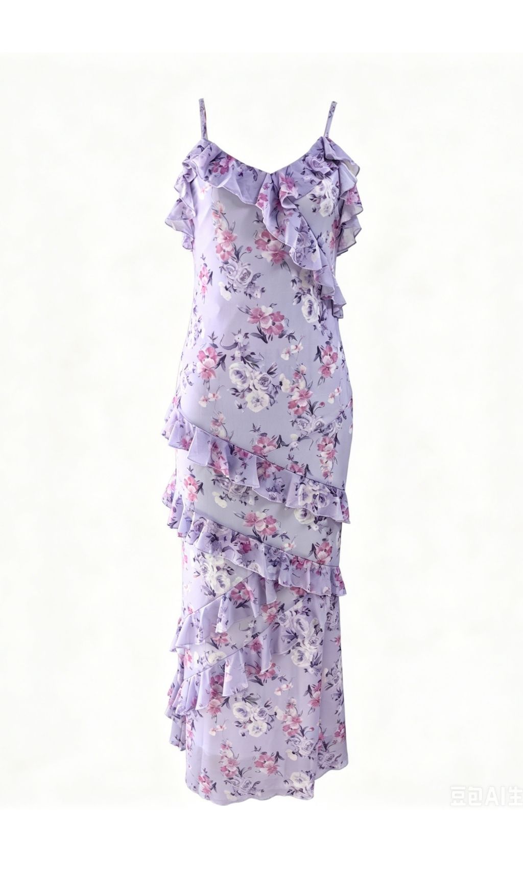 Labonita Purple Floral Ruffle Maxi Dress