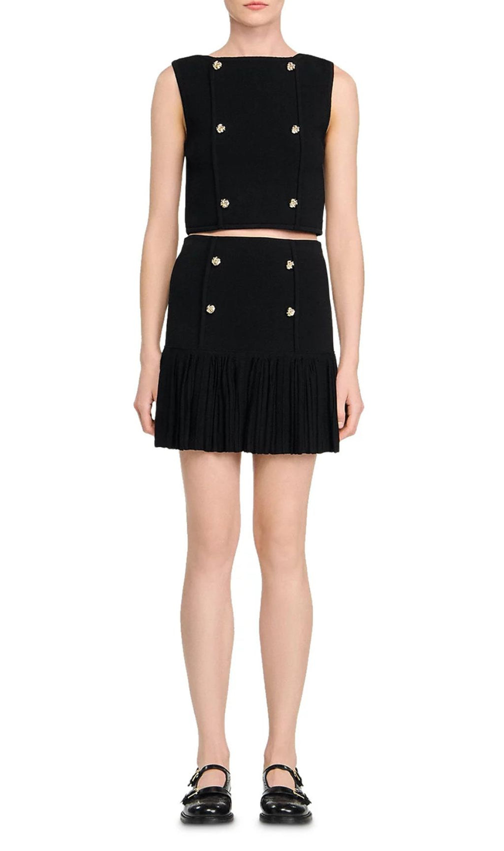 Chic Black Double-Breasted Ruffle Mini Skirt with Gold Buttons