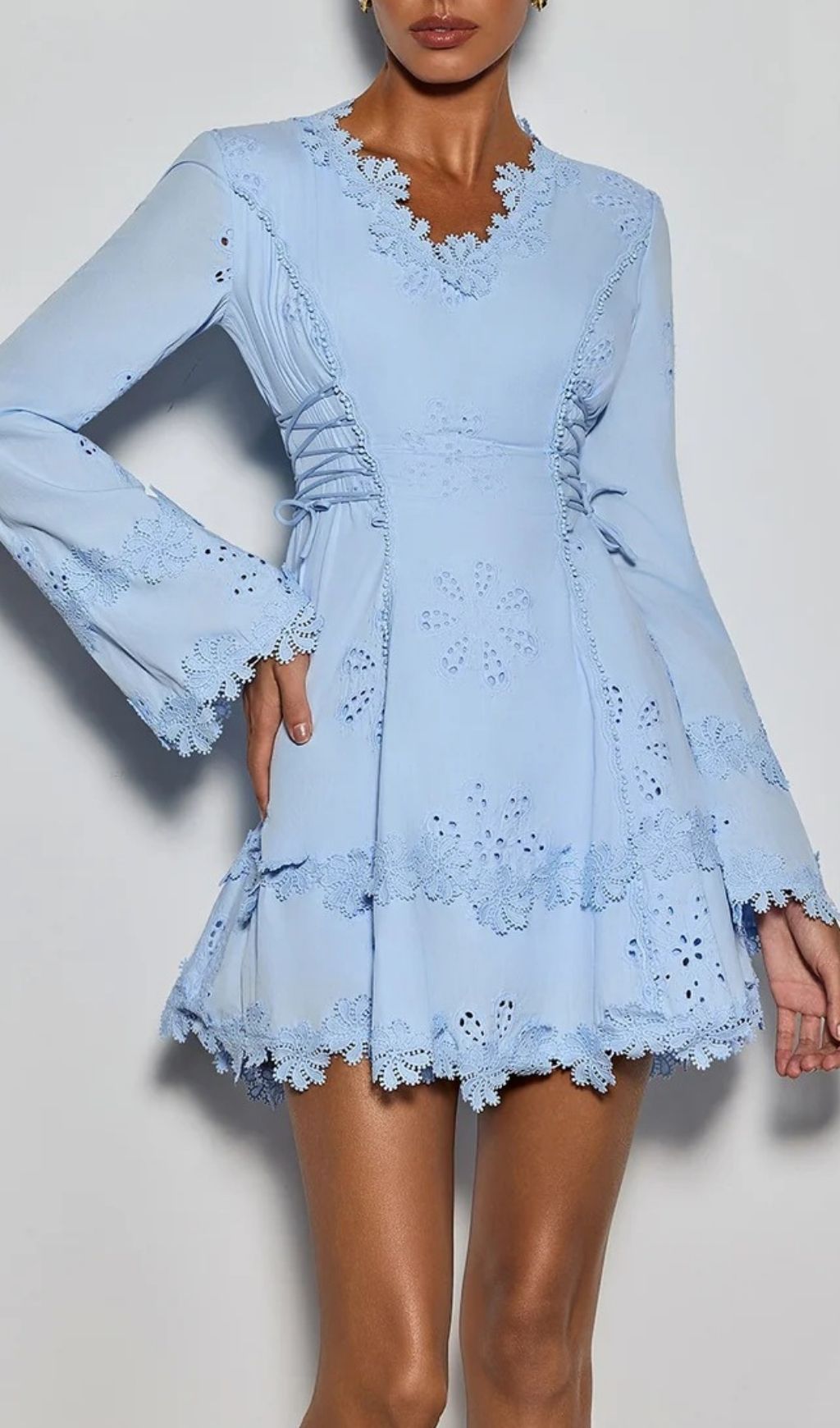 Delicia Romantic Baby Blue Eyelet Mini Dress | Flare Sleeve & Corset Detail