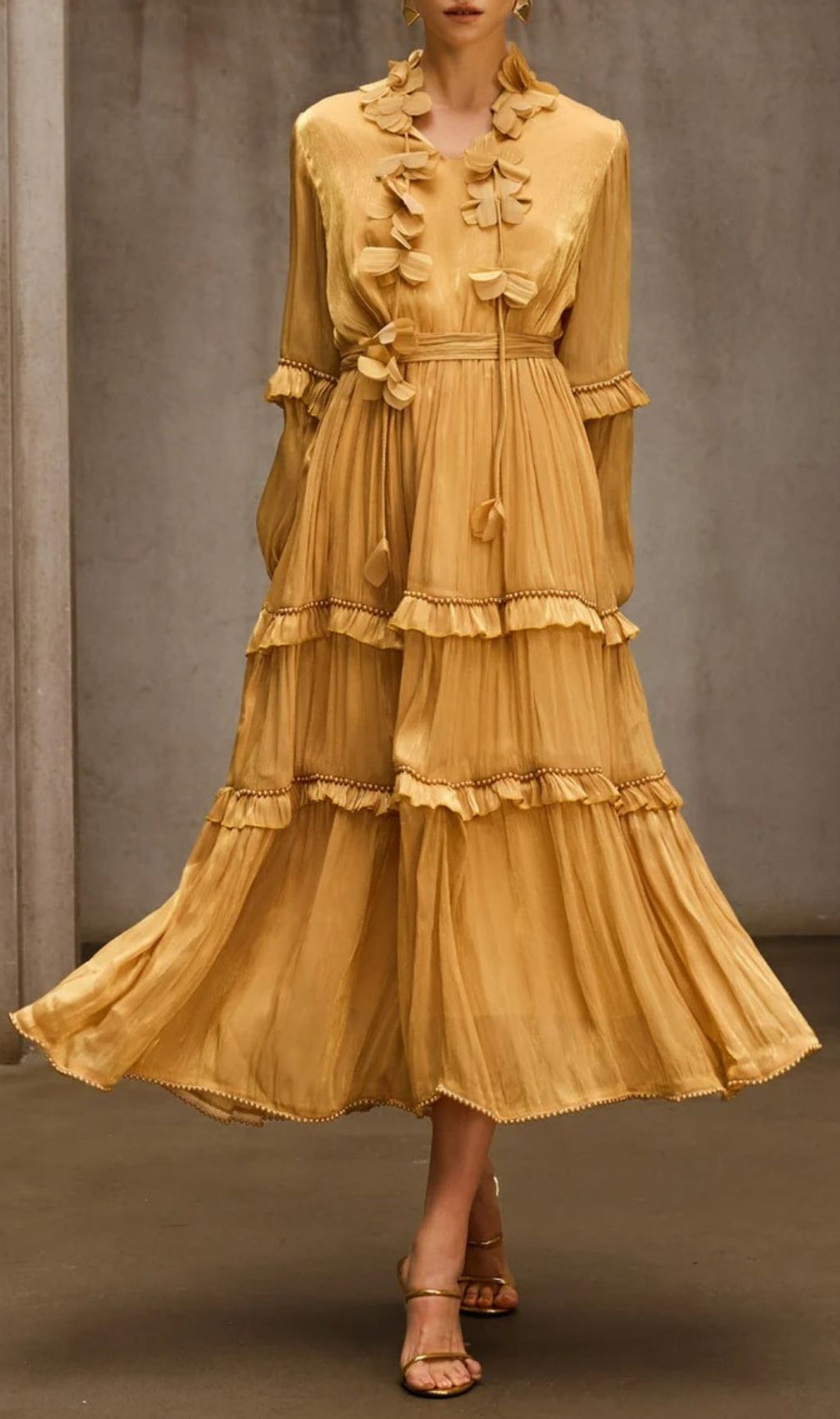 Dzon Luxe Golden Tiered Midi Dress with 3D Floral Appliques & Ruffles