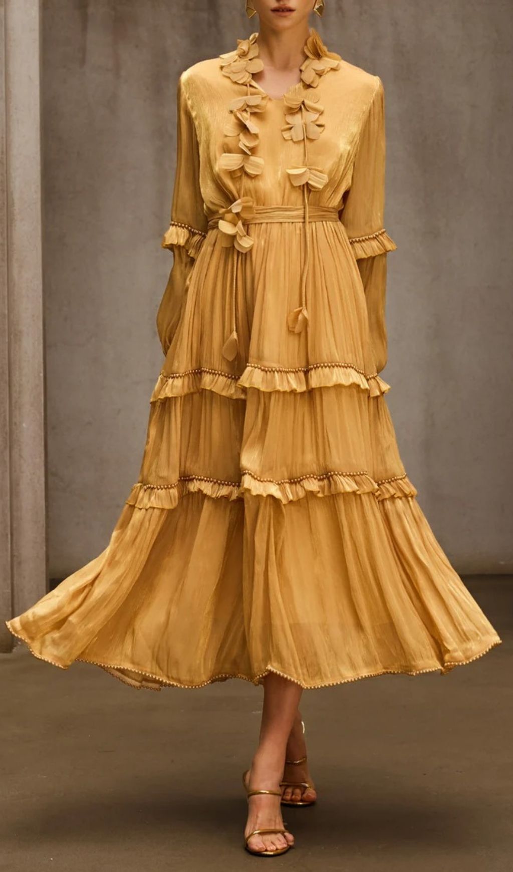 Dzon Luxe Golden Tiered Midi Dress with 3D Floral Appliques & Ruffles