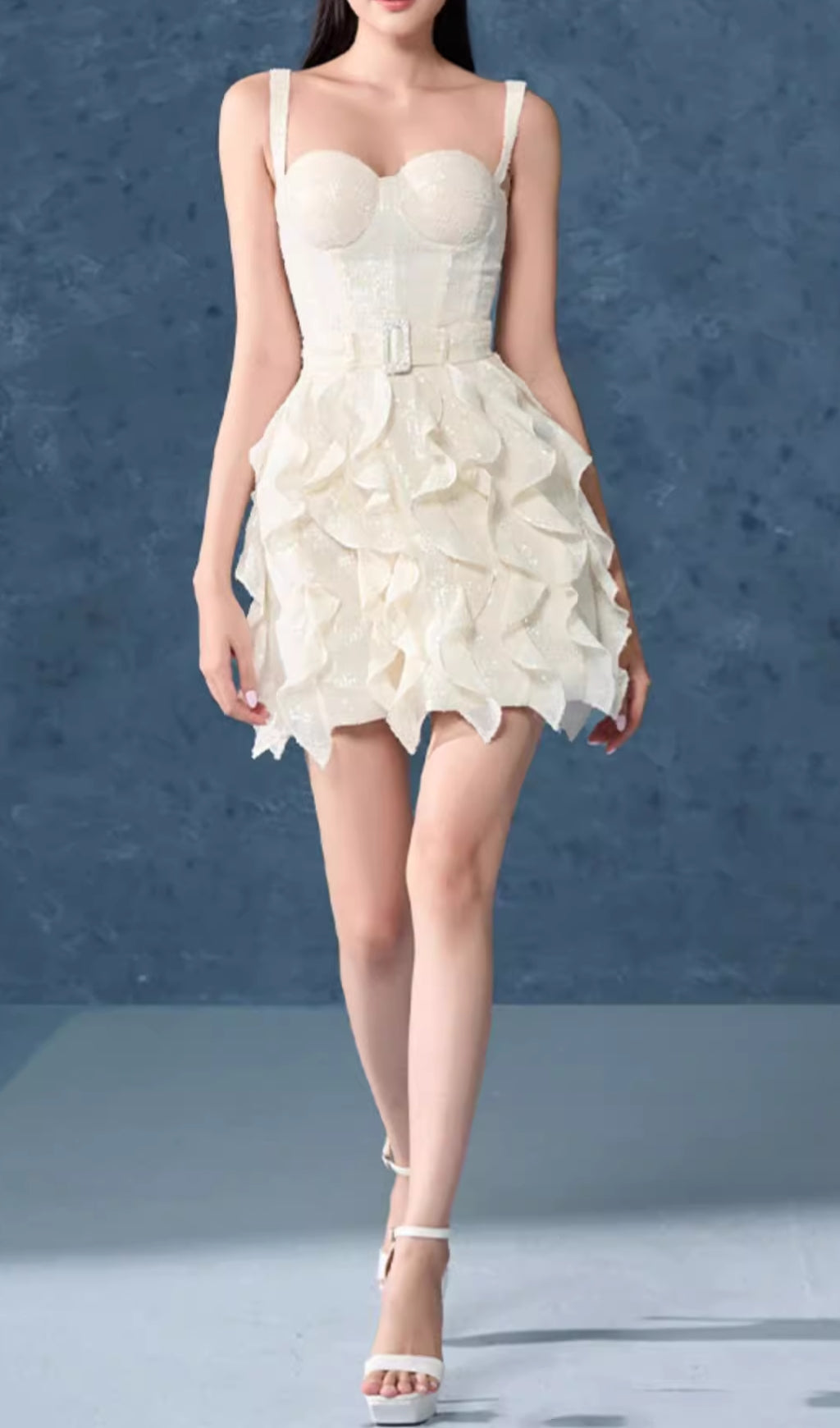 Elena White Strappy Sequin Ruffle Mini Dress