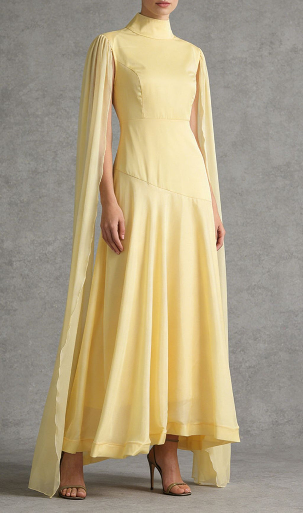 Kalonice Radiant Yellow Cape Sleeve Maxi Dress | Elegant High-Neck Formal Gown