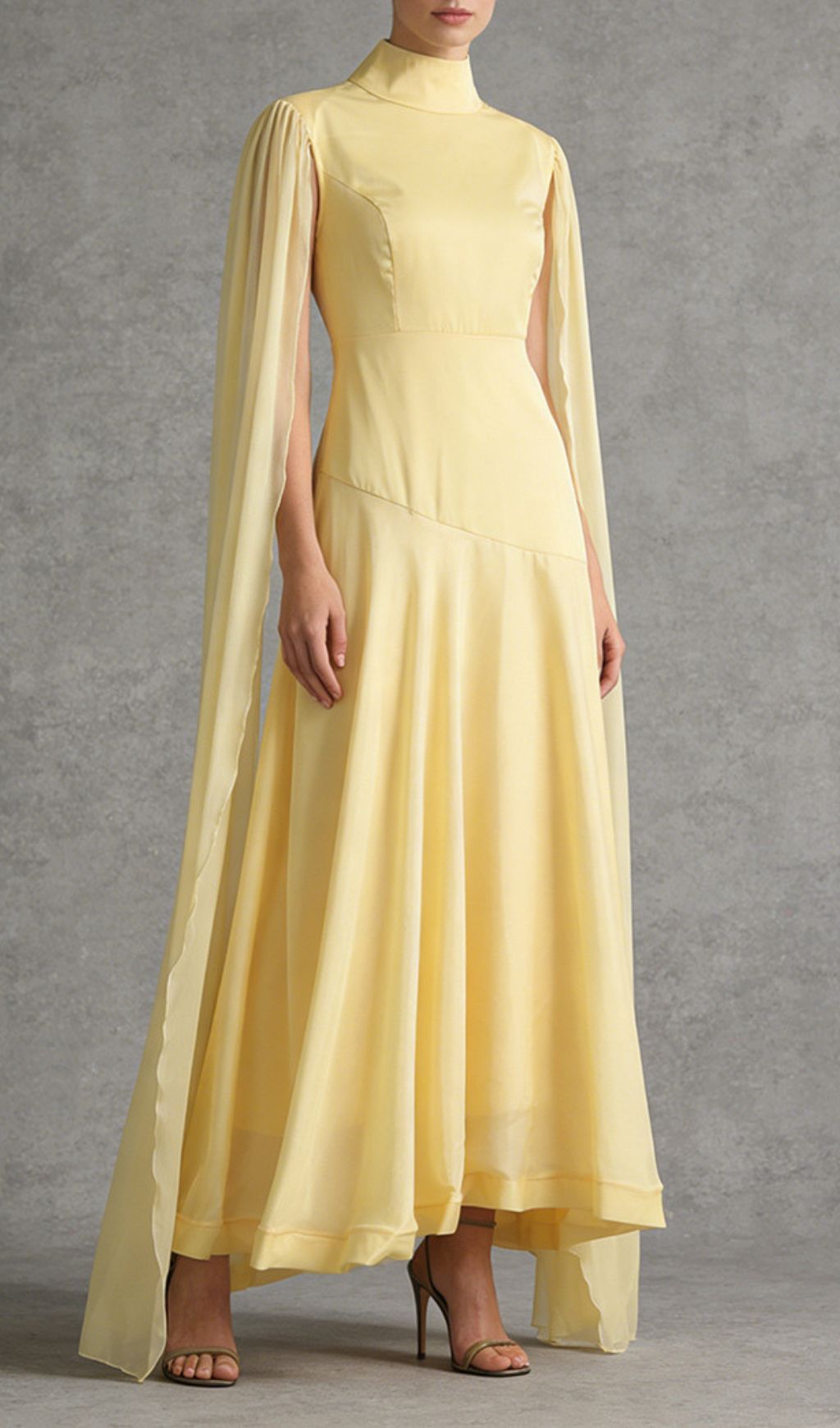 Kalonice Radiant Yellow Cape Sleeve Maxi Dress | Elegant High-Neck Formal Gown
