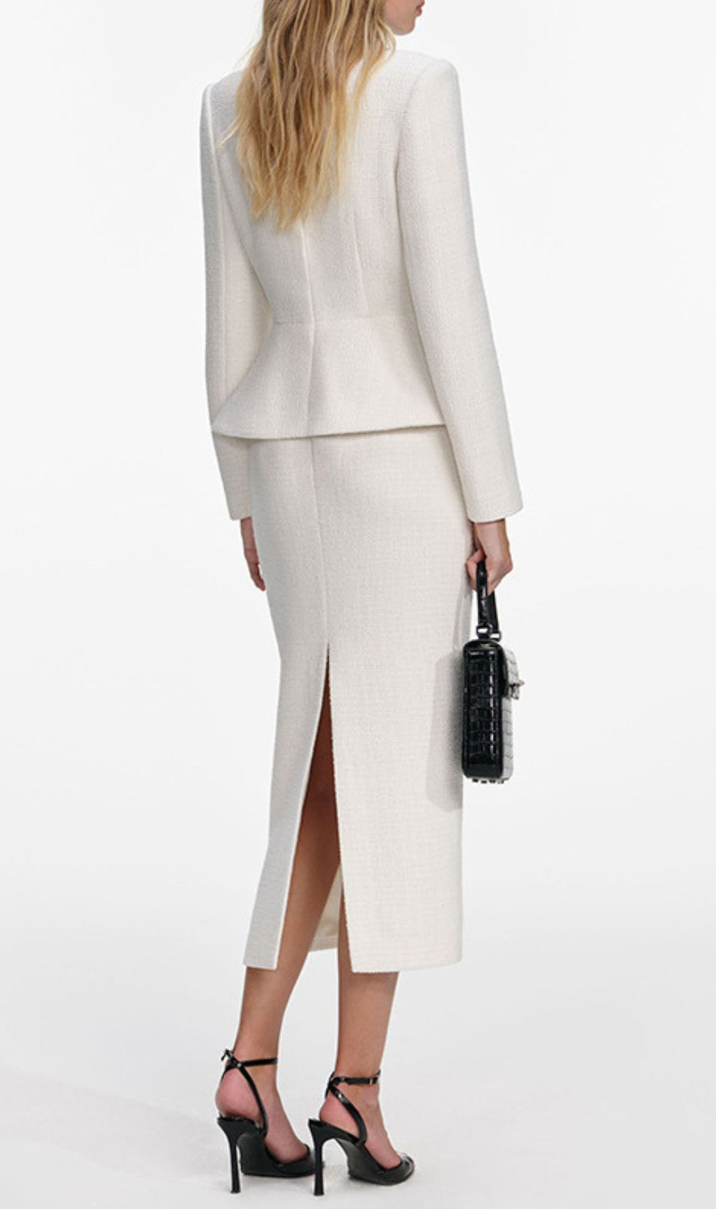 Jurnee Timeless White Tweed Skirt Suit Set | Peplum Jacket & Pencil Skirt