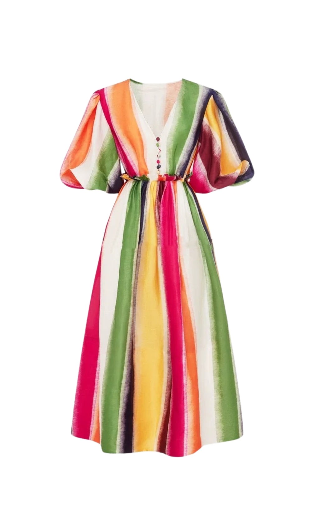 Erix Colorful Puff-Sleeve Midi Dress