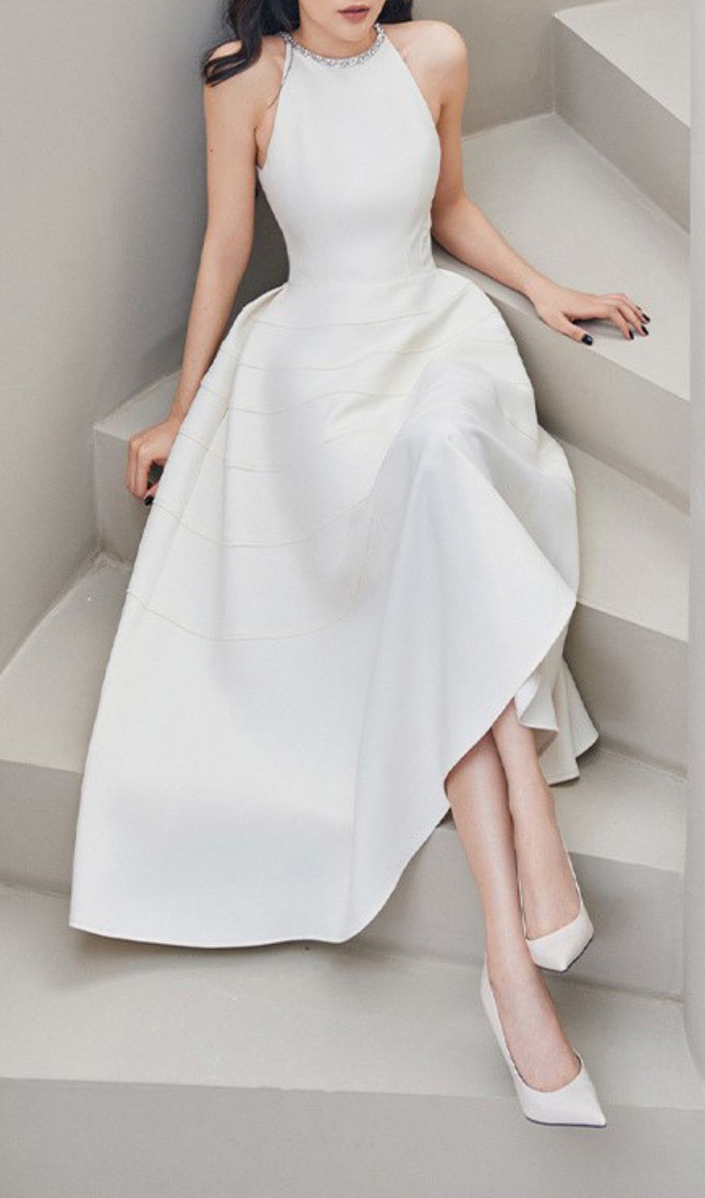 Freja White Diamante Midi Dress