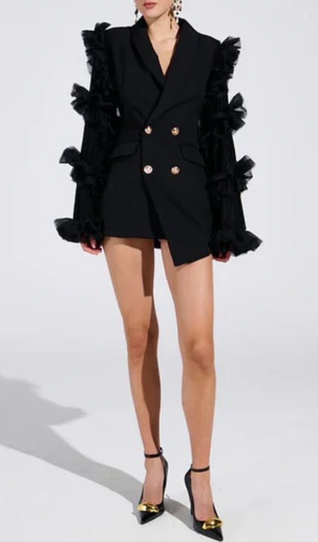 Kaleena Dramatic Tulle Sleeve Blazer Dress | Black Statement Mini for Women