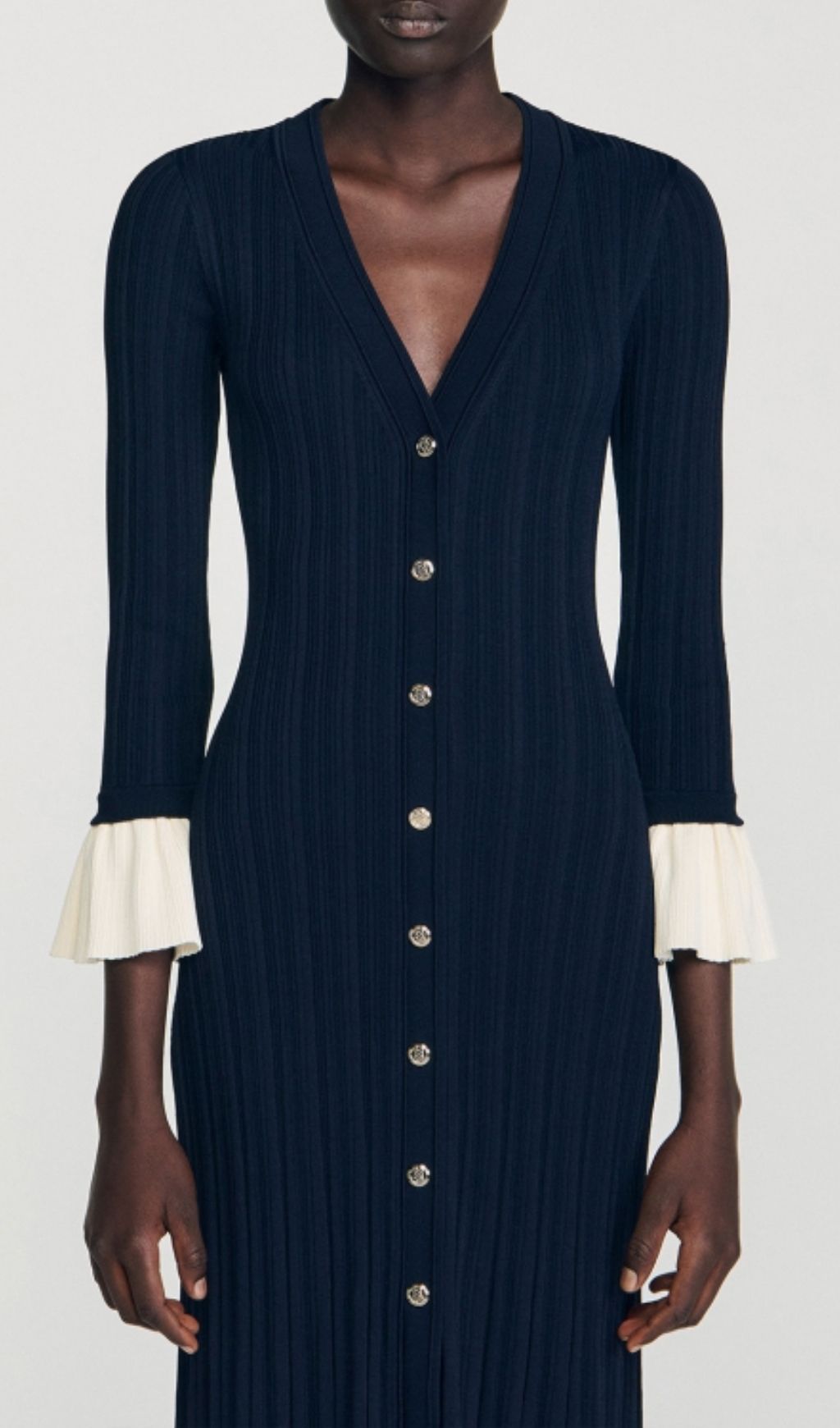 Kayanna Luxe Ribbed Knit Midi Dress | Chic Ruffle Cuffs & Button Front