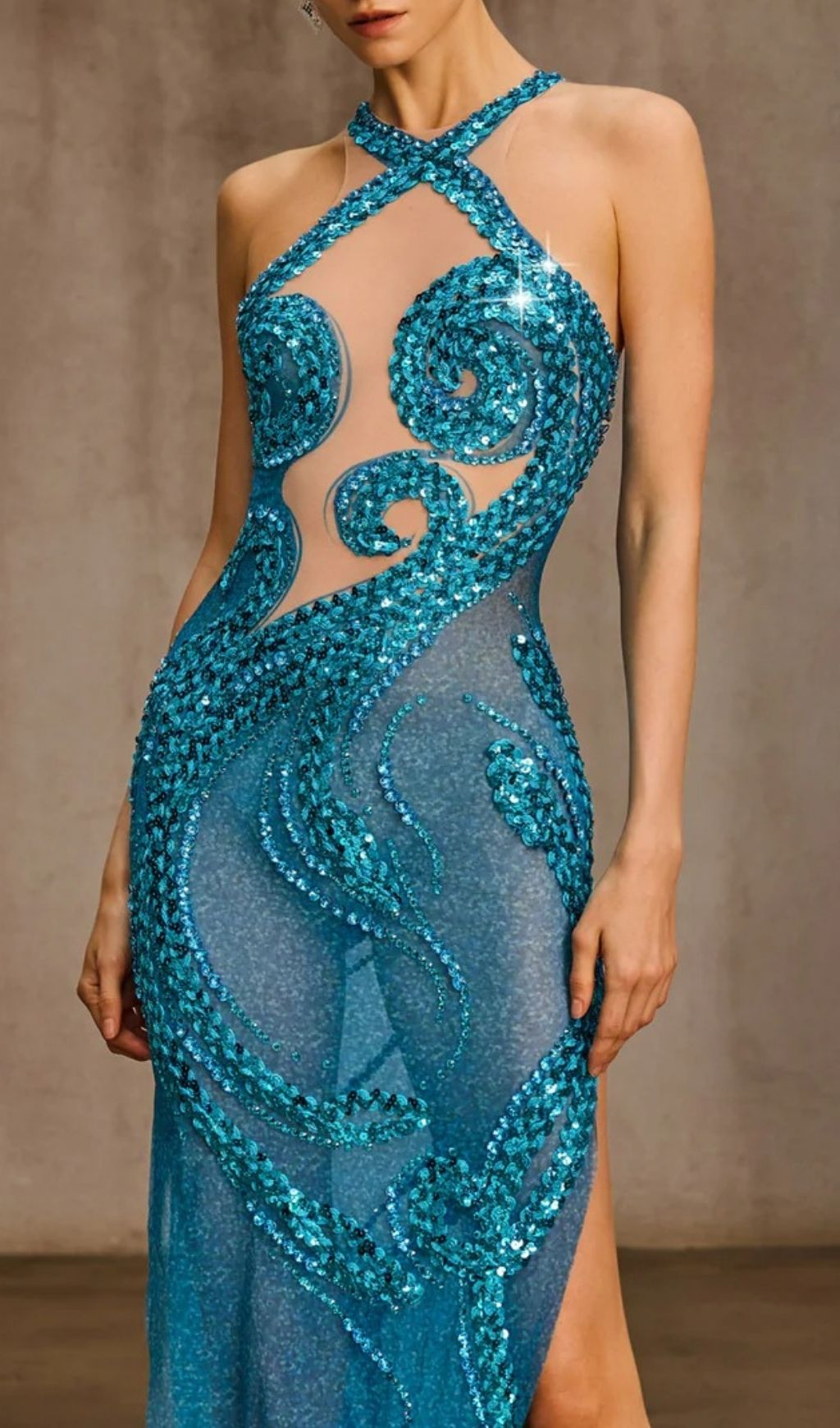 Kaelvion Dazzling Sequin & Mesh Halter Maxi Dress - Head-Turning Blue Gown