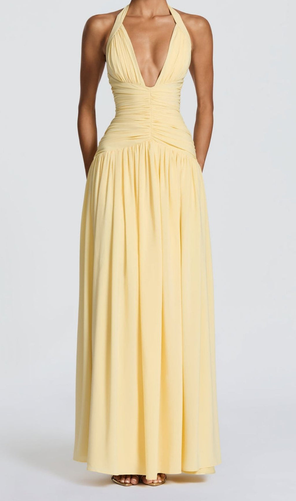 Kelley Radiant Yellow Halter Ruched Maxi Gown with High Slit