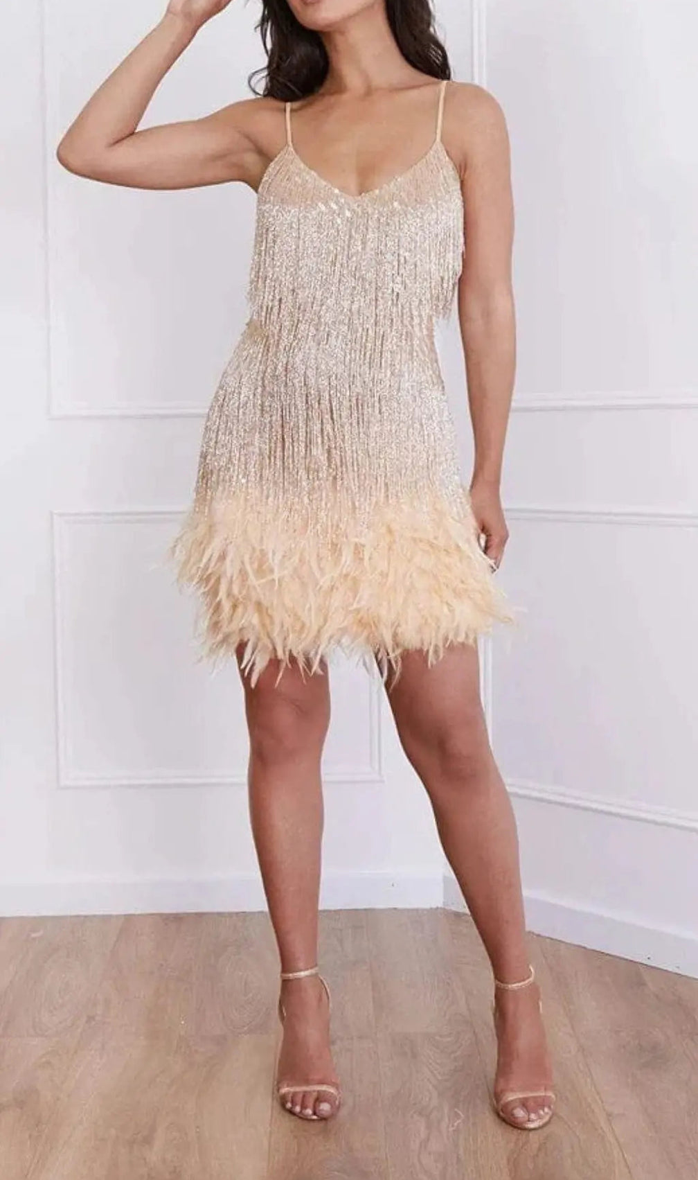 Tassel Feather Mini Dress In Beige