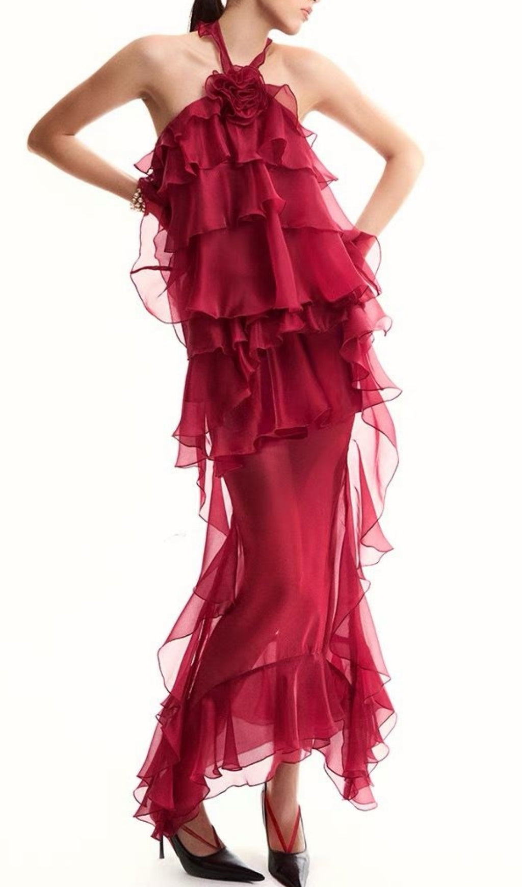 Eleri Red Flower Ruffle Maxi Dress