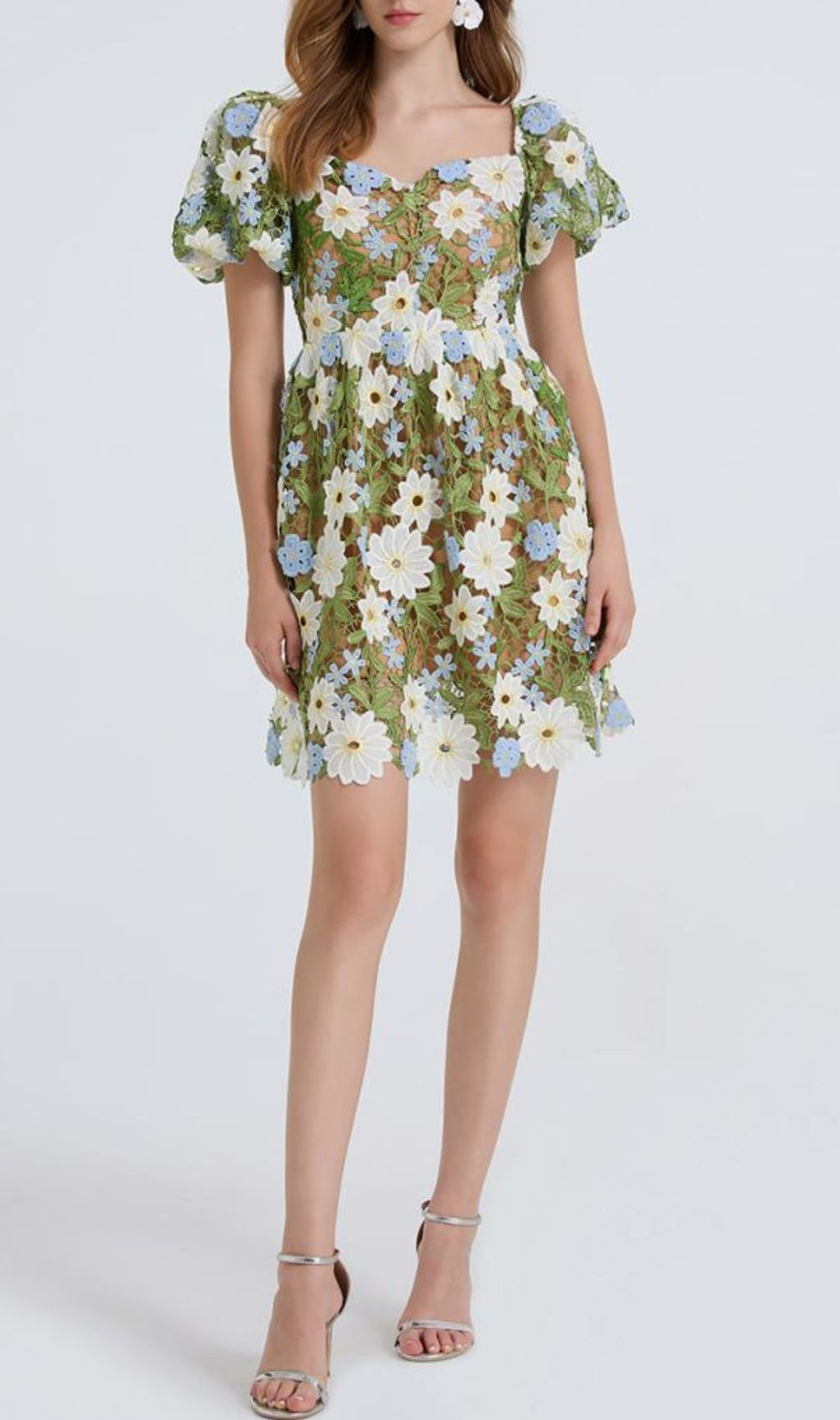 Fiducia Green Flower Embroidery Puff Sleeve Mini Dress