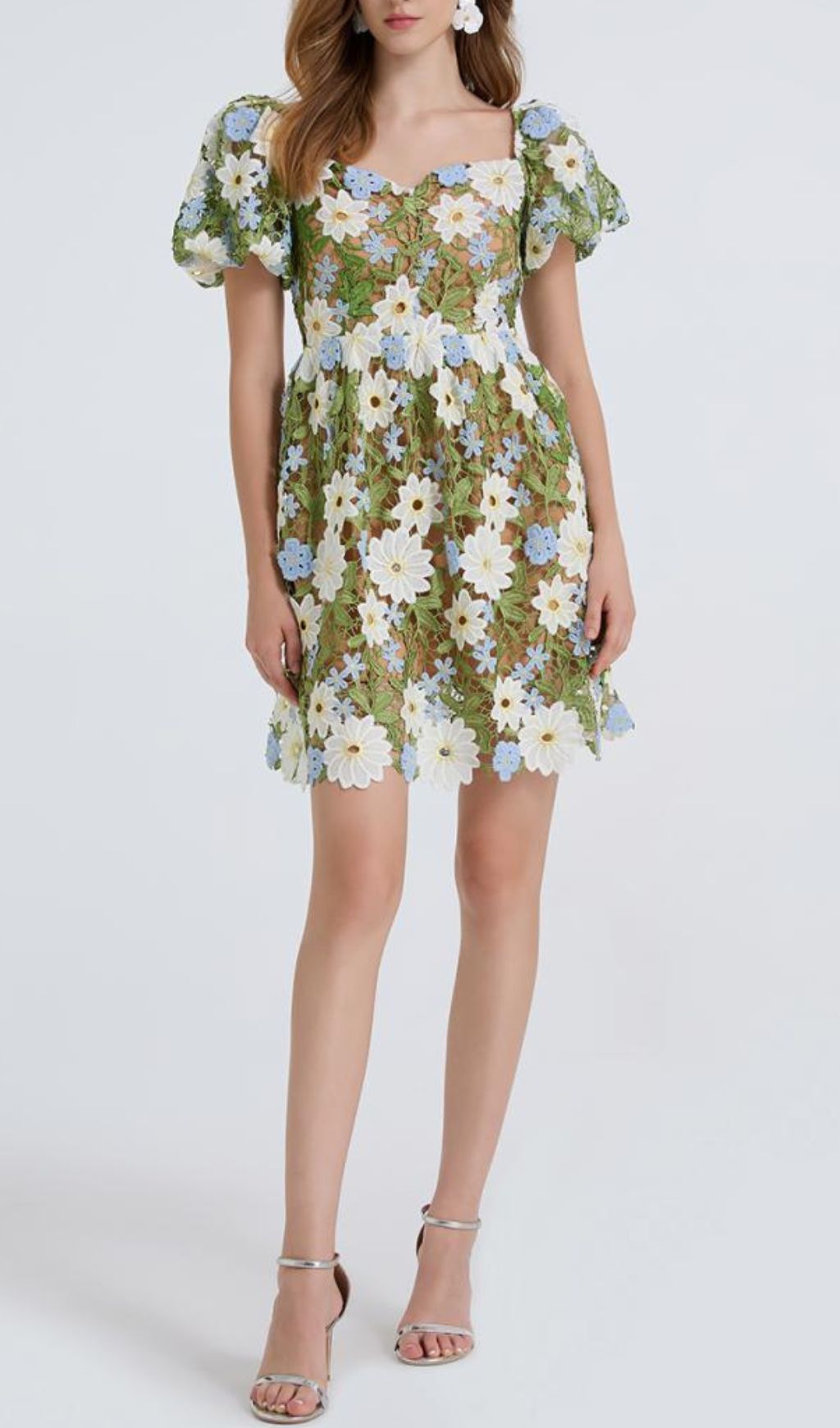 Fiducia Green Flower Embroidery Puff Sleeve Mini Dress