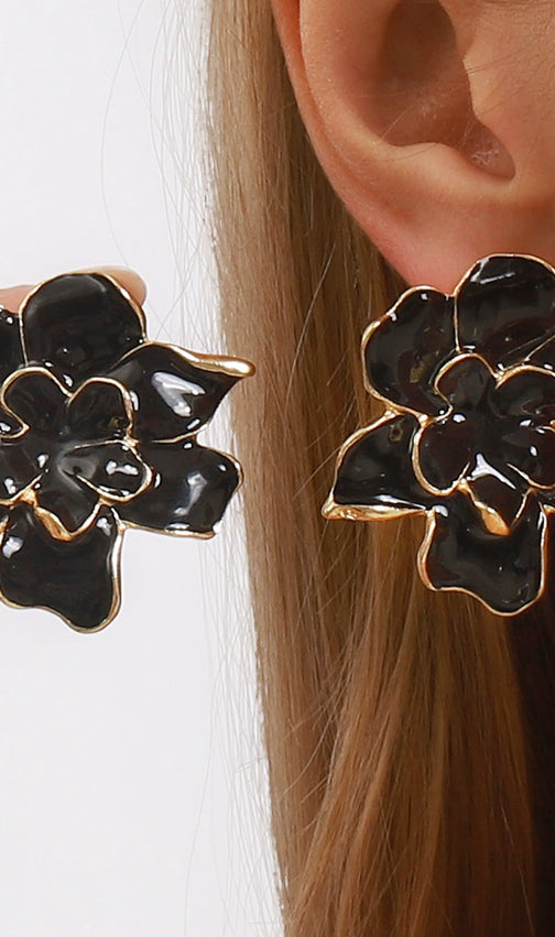 Julisha Black & Gold Floral Statement Earrings - Elegant Bloom
