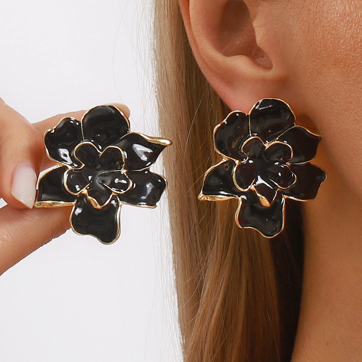 Julisha Black & Gold Floral Statement Earrings - Elegant Bloom