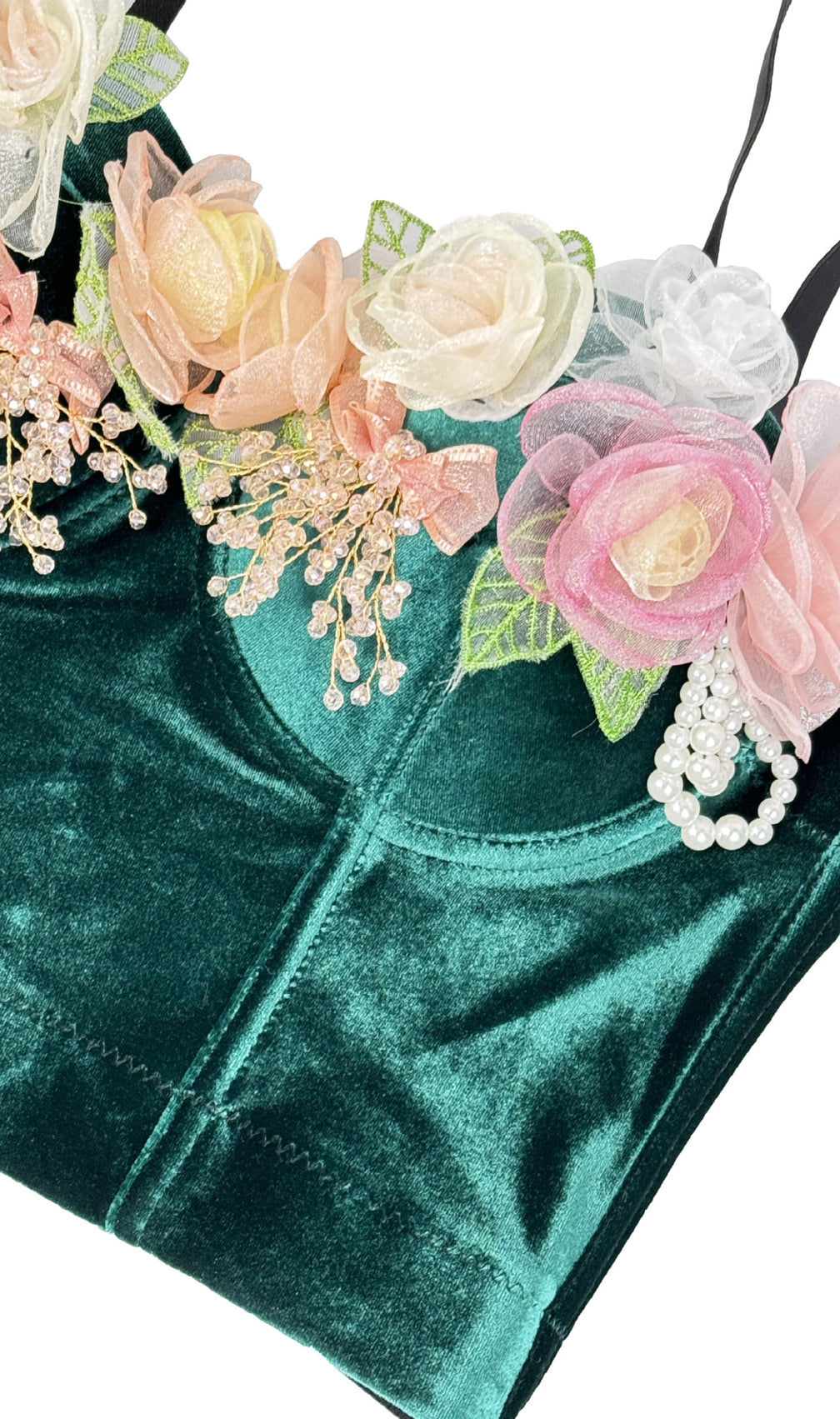 Jaina Emerald Velvet 3D Floral Embellished Crop Top