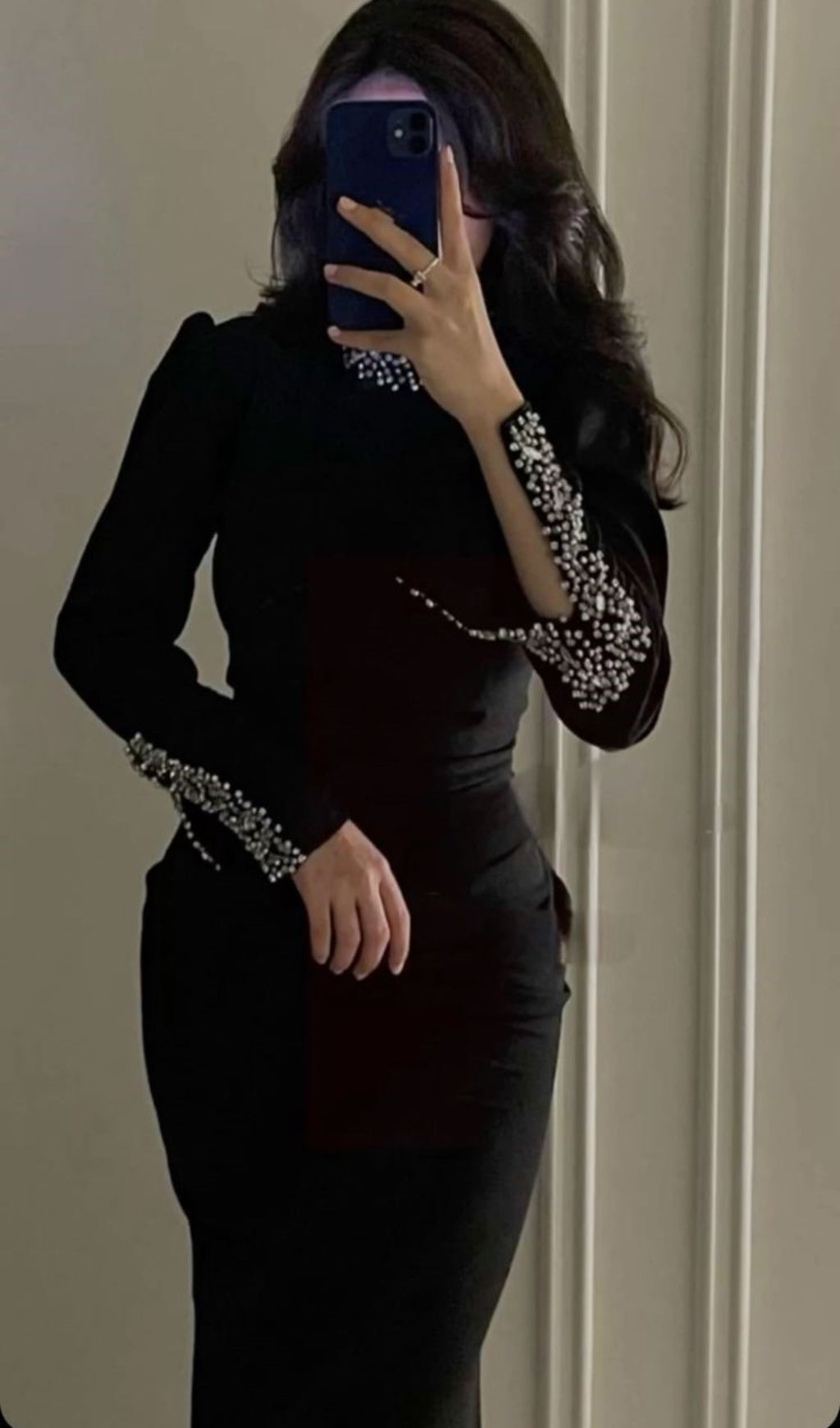 Bridie Black Long Sleeve Crystal Midi Dress