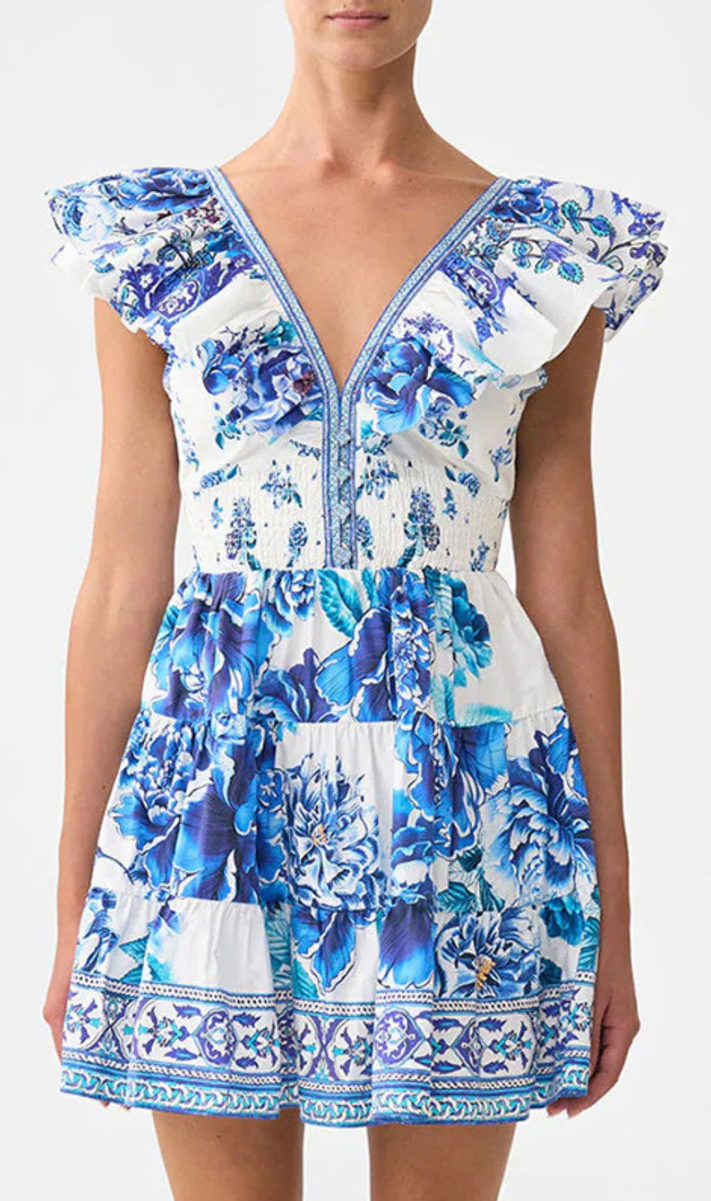 Haru Blue Floral Ruffle Mini Dress | Chic Smocked Tiered Sundress for Women