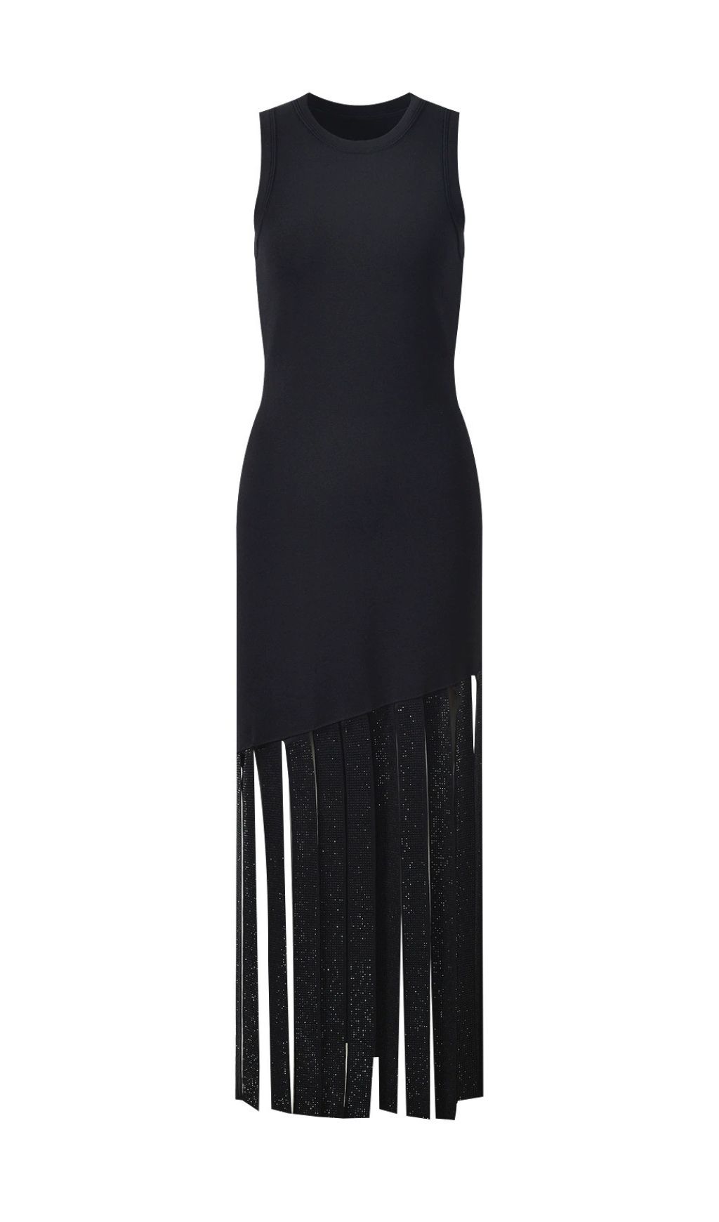 Glamorous Black Sleeveless Maxi Dress with Rhinestone Fringe Hem