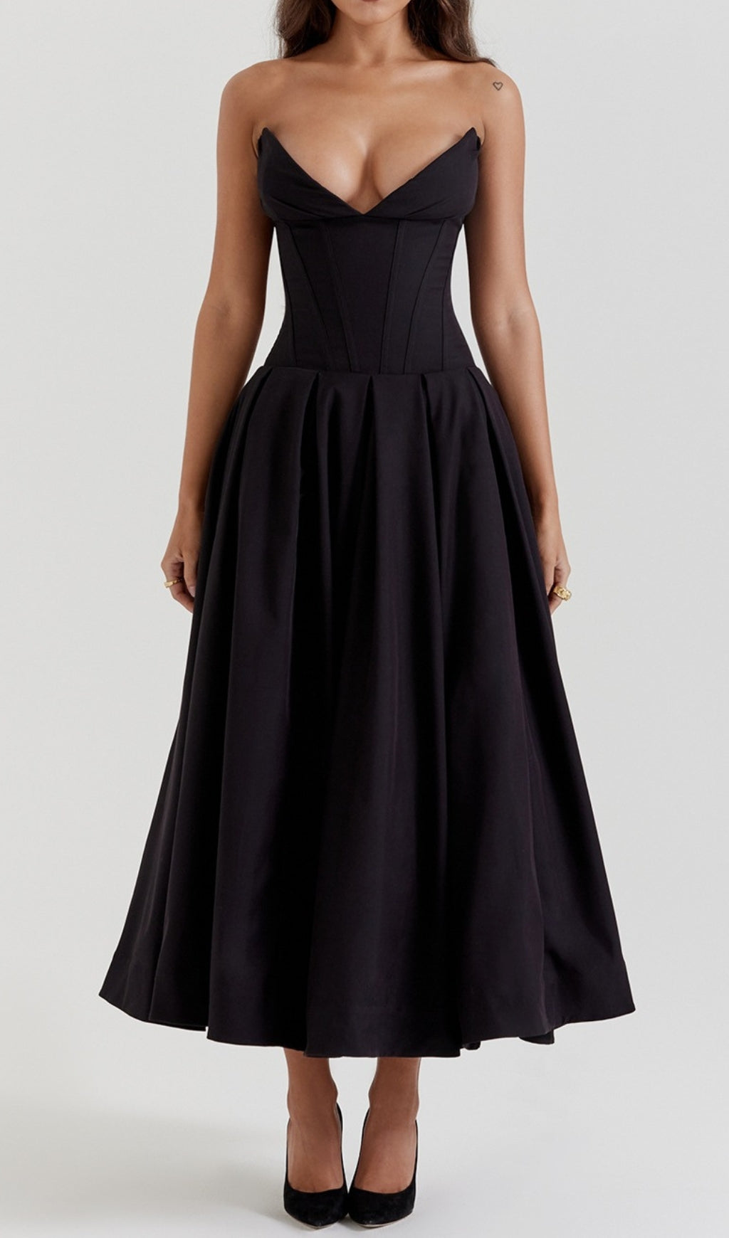 Devani Black Strapless Corset Midi Dress