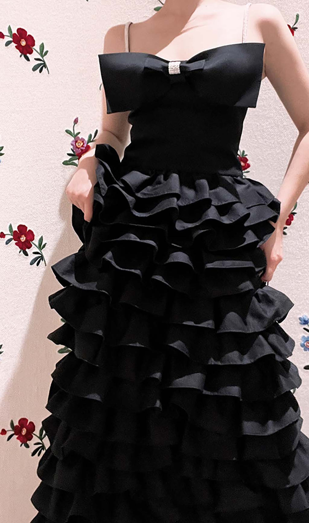 Layered Bow-Embellished Maxi Dress In Black