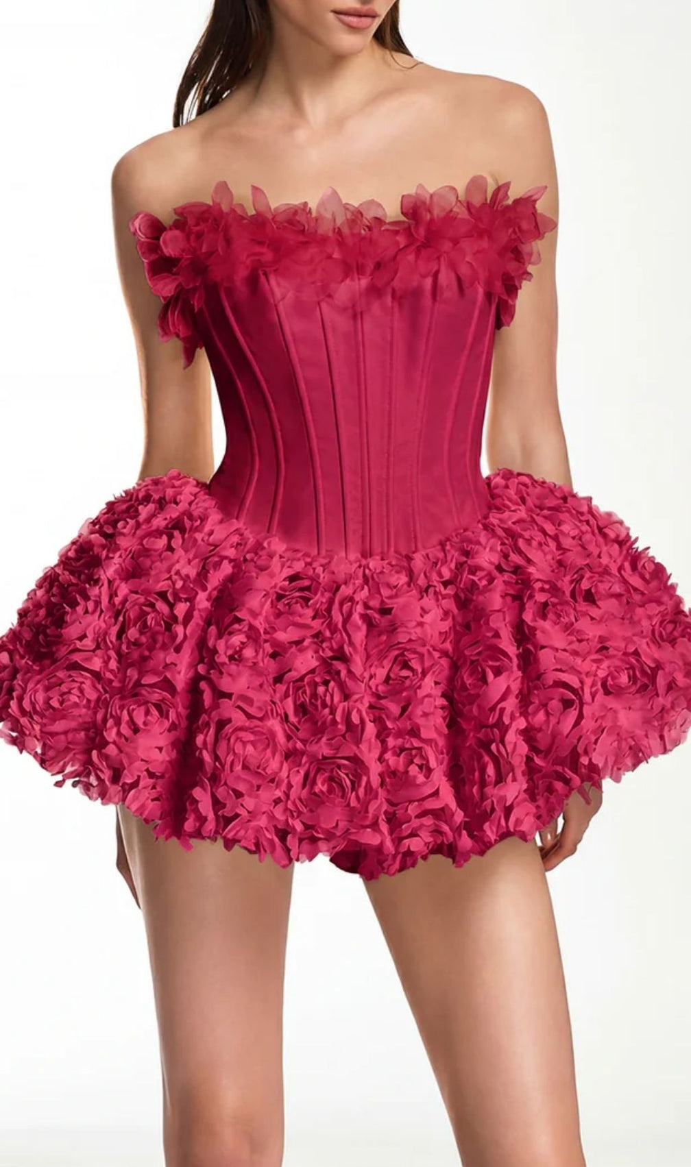 Ulthar Strapless Flower Mini Dress In Hot Pink