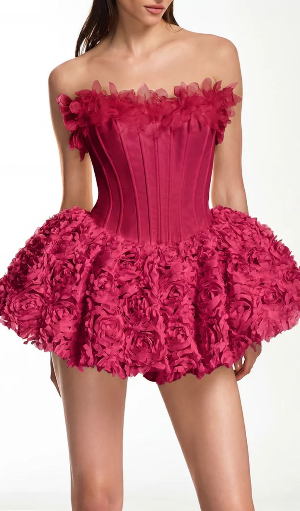 Ulthar Strapless Flower Mini Dress In Hot Pink
