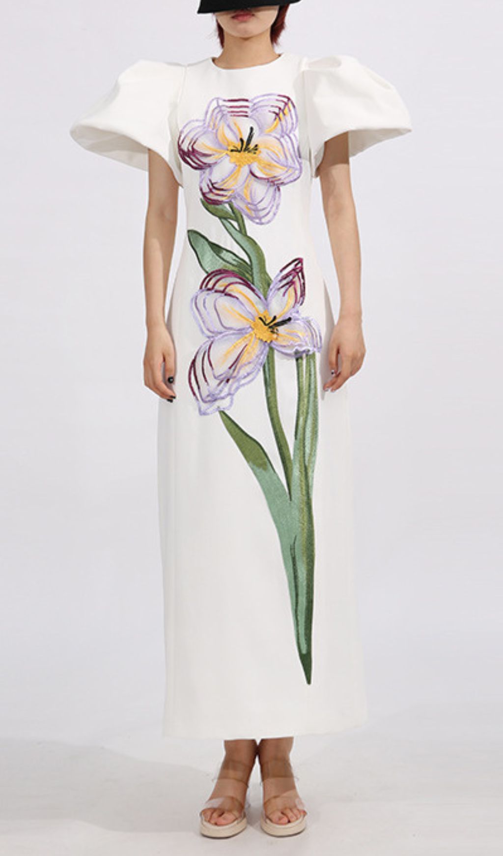 Eadoin White Flower Puff Sleeve Maxi Dress