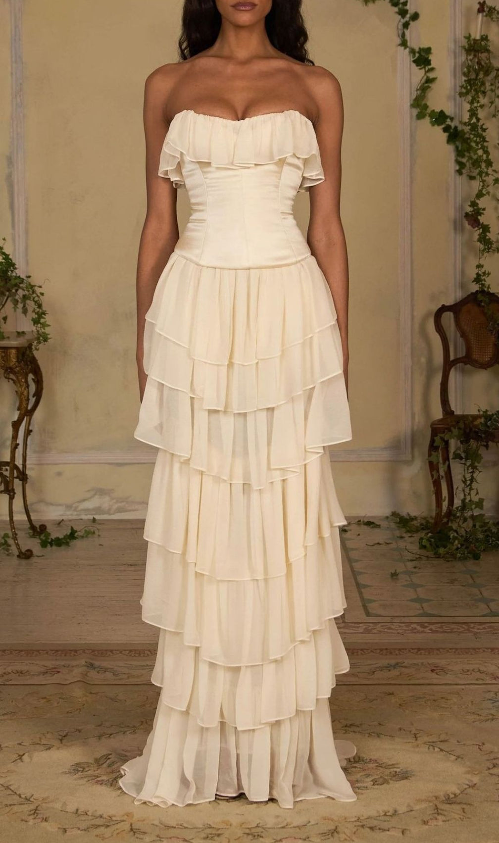 Angelie Romantic Ruffle Corset Maxi Dress - Elegant Tiered Chiffon Gown