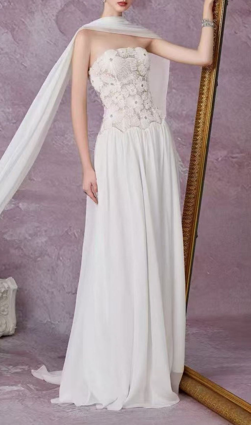 Kenley Ethereal White Floral Appliqué Strapless Maxi Gown with Flowing Cape