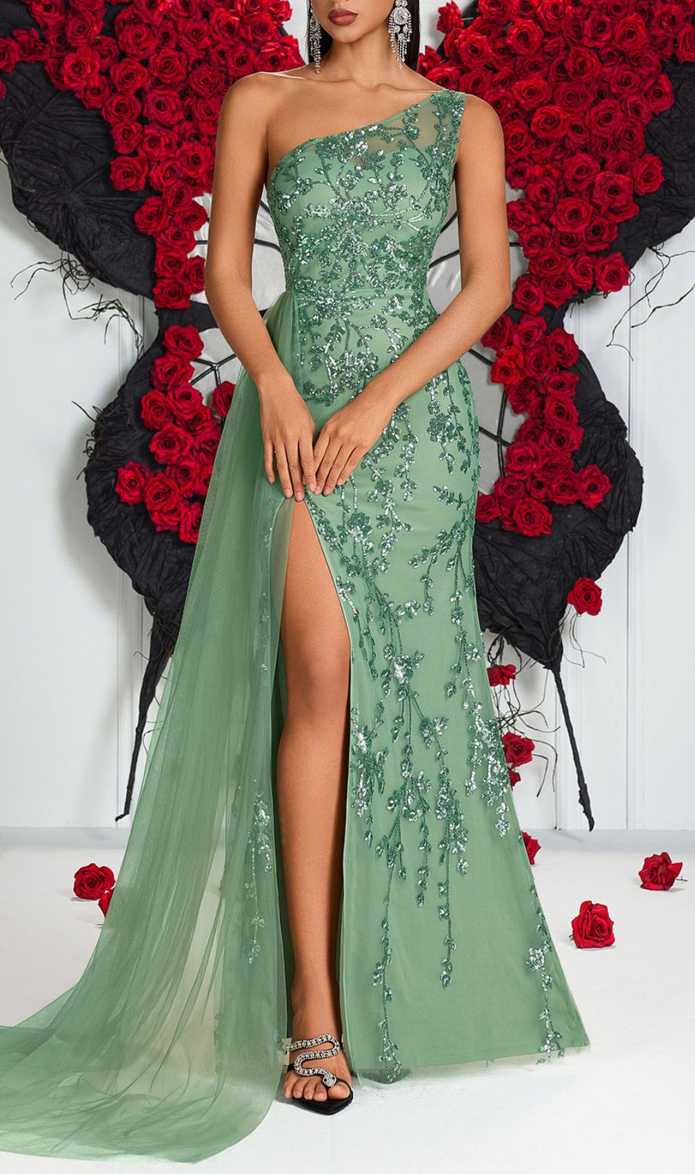 Jenne One-Shoulder Sequin Mesh Maxi Dress