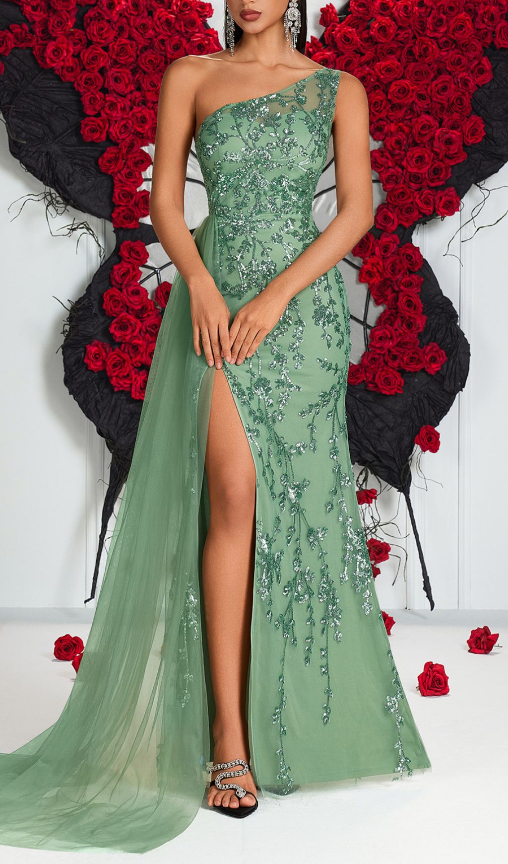 Jenne One-Shoulder Sequin Mesh Maxi Dress