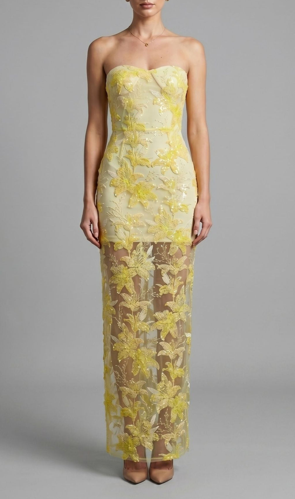 Kikuyo Yellow Strapless Sequin Floral Maxi Dress