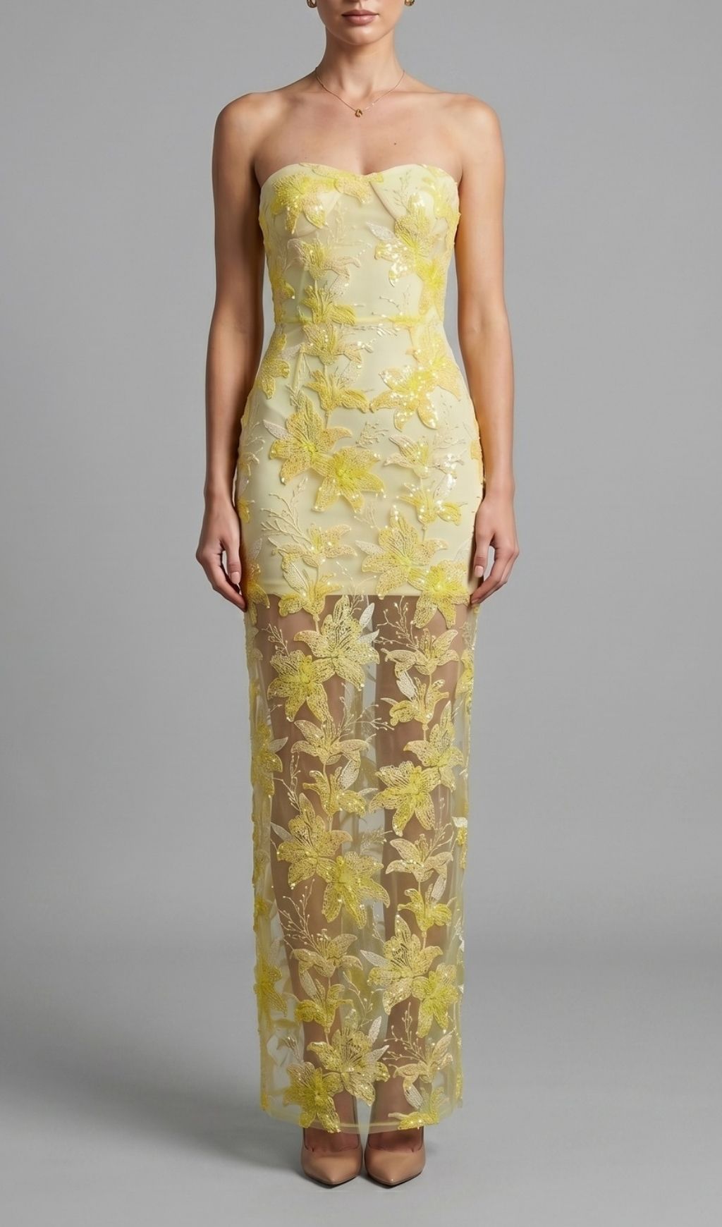 Kikuyo Yellow Strapless Sequin Floral Maxi Dress