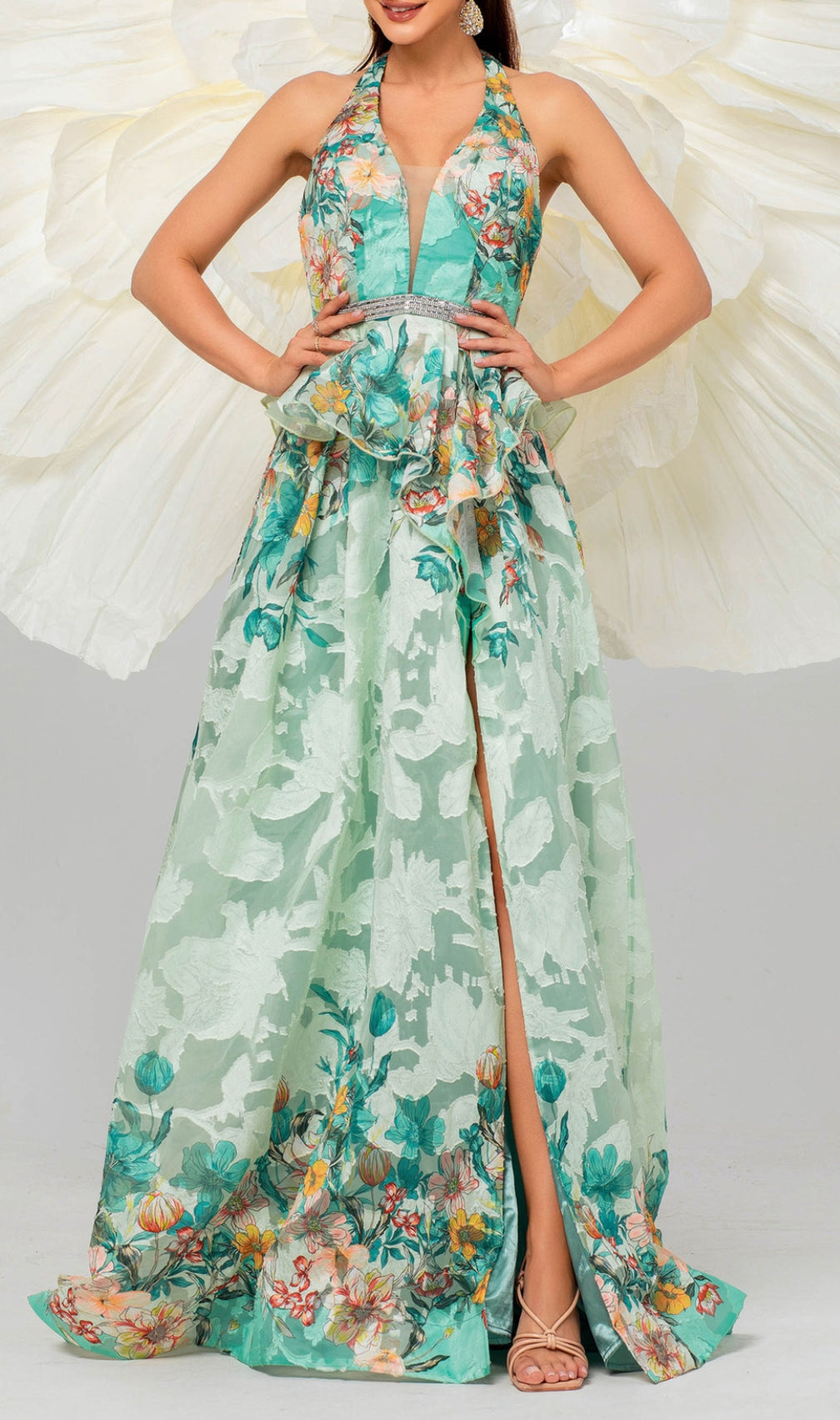 Brona Green Halter Floral Printed Maxi Dress